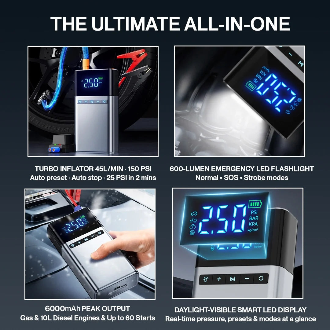 All-in-One Jump Starter & Air Compressor – Compact 6000mAh Power Booster