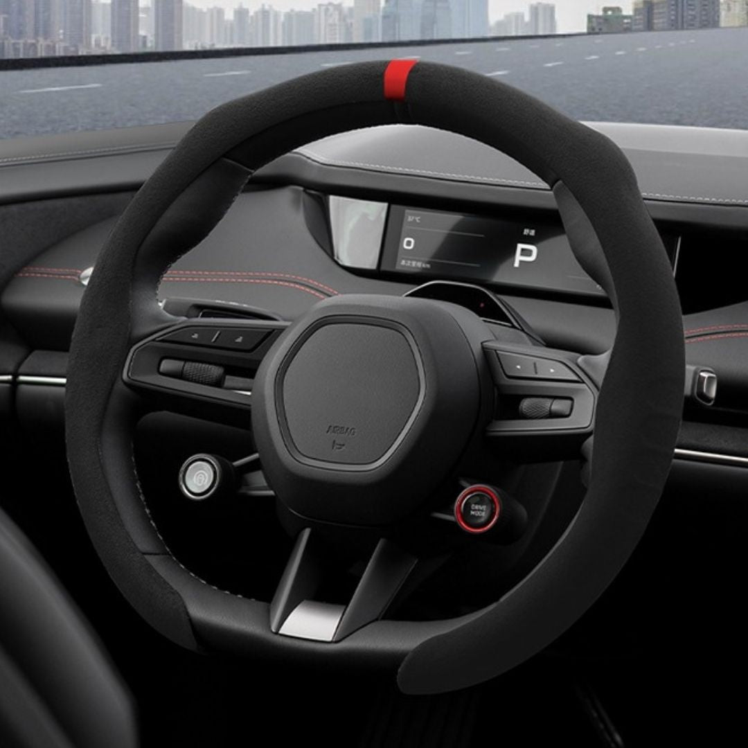 Suede Steering Wheel Cover – Anti-Slip, Ultra-Thin, 4-Season Universal Fit for D-Shaped Wheels (VW, BMW, etc.)