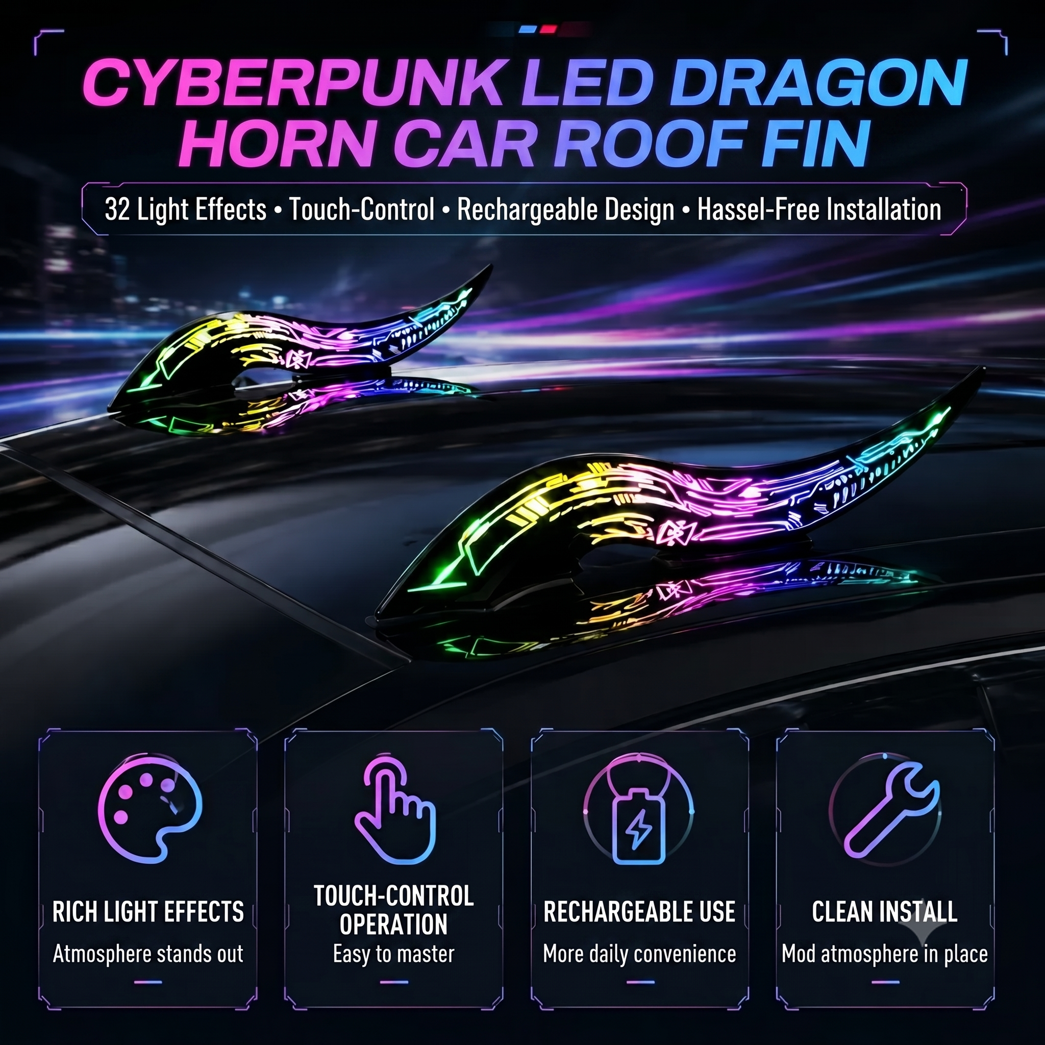 Cyberpunk LED Dragon Horn Car Roof Fin (1 pair)